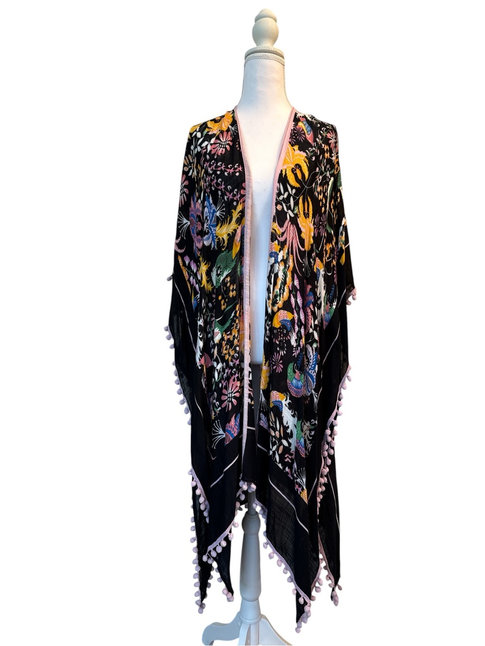 Shiraleah Black Floral Kimono Wrap with Pink Pom-Pom Trim